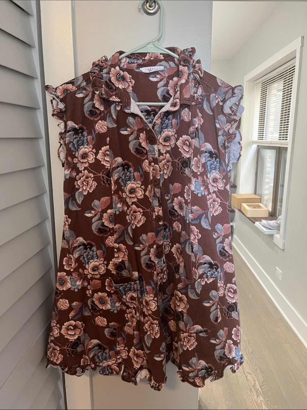 TALULAH Brown Floral Ruffle-Trim Button Front Mini Dress